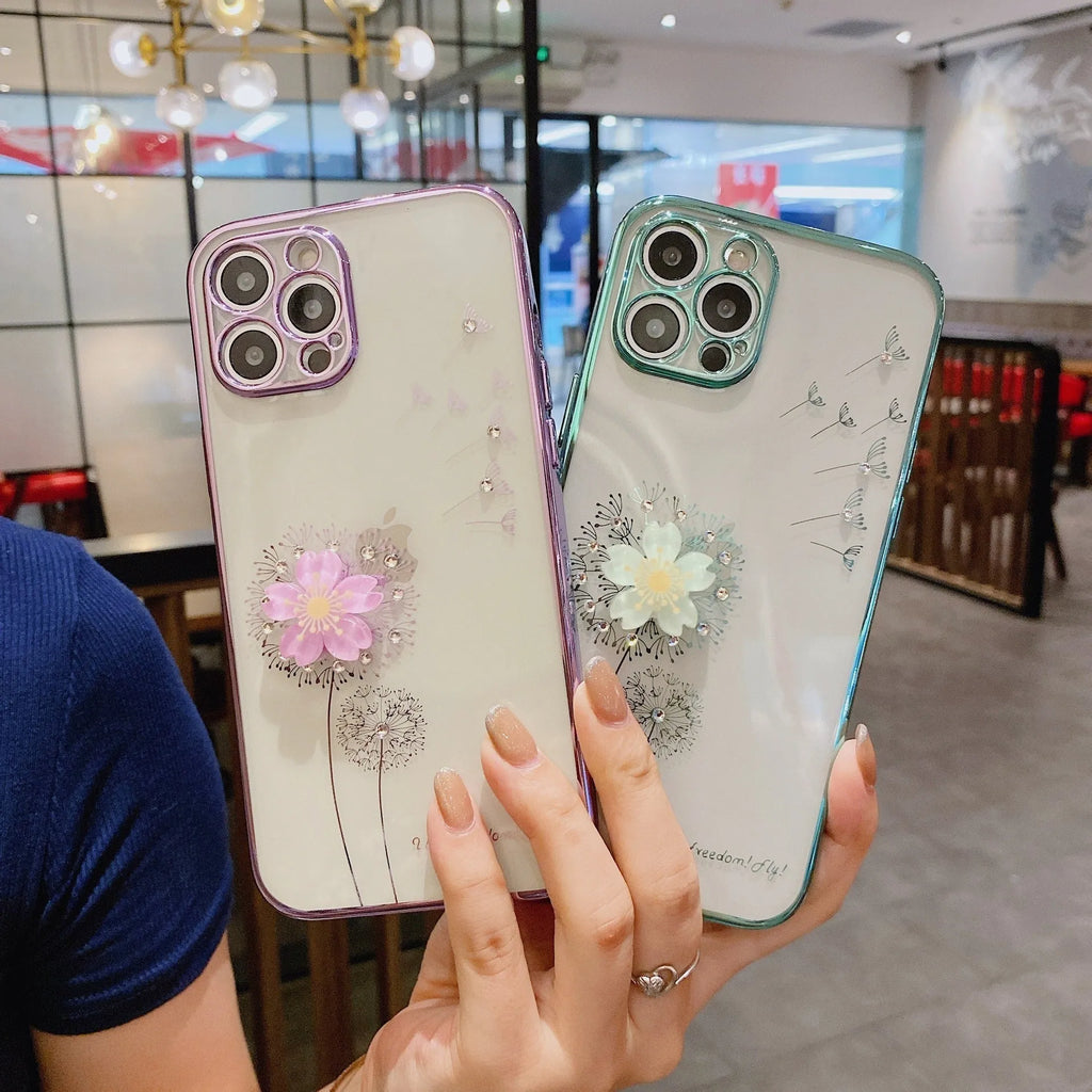 Green 3D flower spin stand phone case for iPhone on a table, showing built-in screen protector and stand.