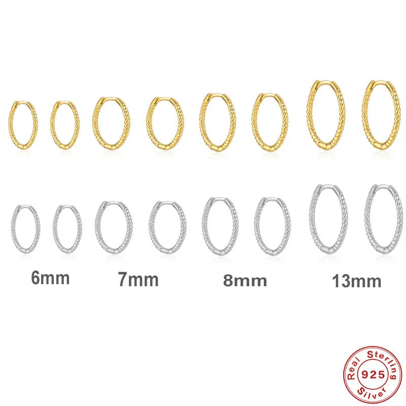 S925 sterling silver twisted string round hoop earrings in gold or platinum finish.