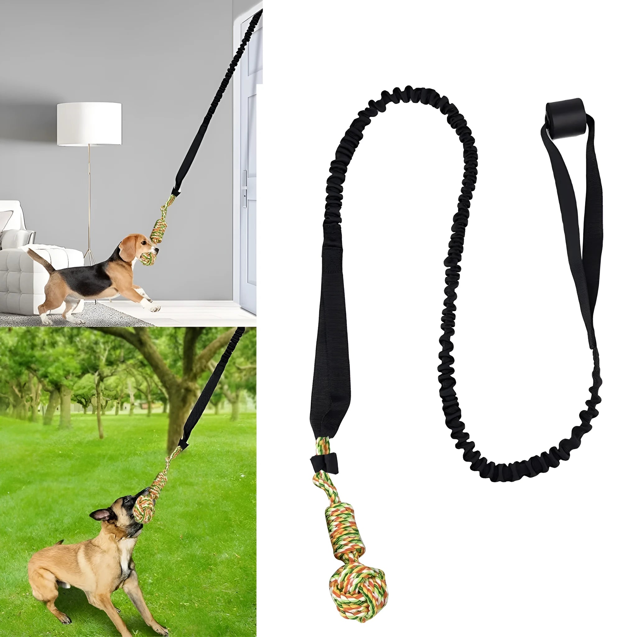 Cotton dog tug of war rope toy in black, grey, or red colours for interactive play
