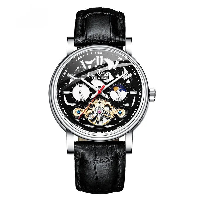 Men's mechanical tourbillon watch with waterproof case and luminous hands in multiple colour options