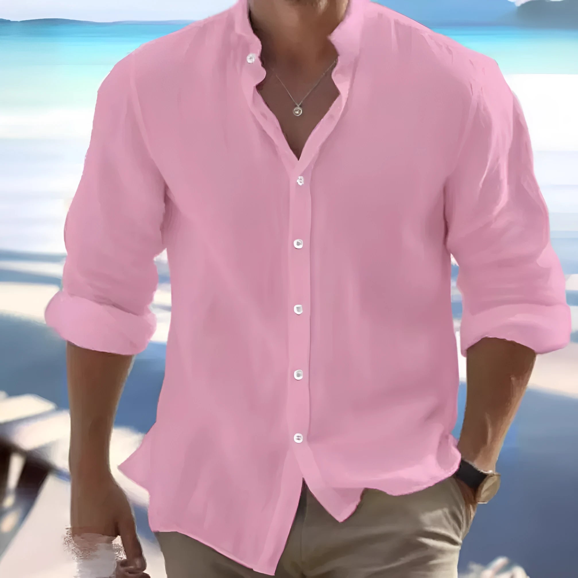 Men's casual button-up beach shirt in long-staple cotton shown in light blue colour.
