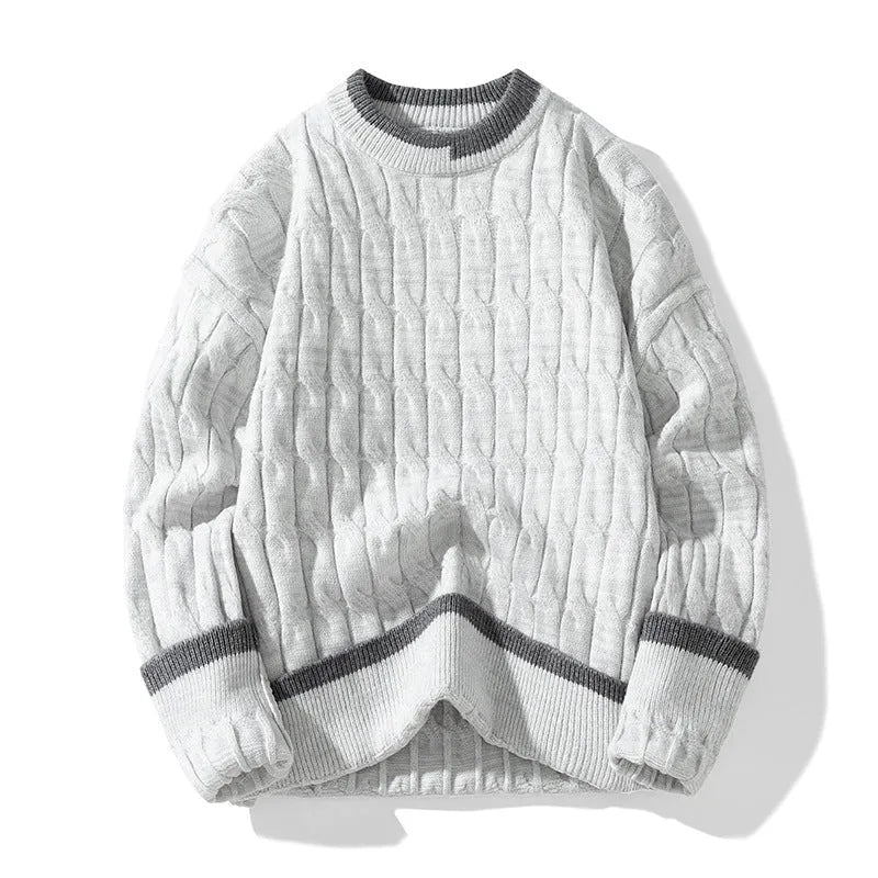 Men's loose fit grey acrylic and modal pullover sweater with long sleeves on a hanger.