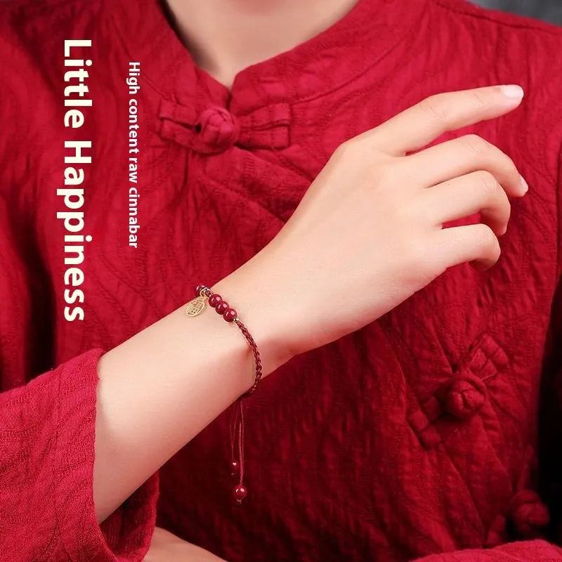 Cinnabar braided rope bracelet with round bead blessing card in wine red colour