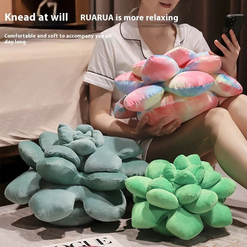 Cartoon tie-dyed succulent shaped plush pillow in green tones with soft fabric finish, 35cm height