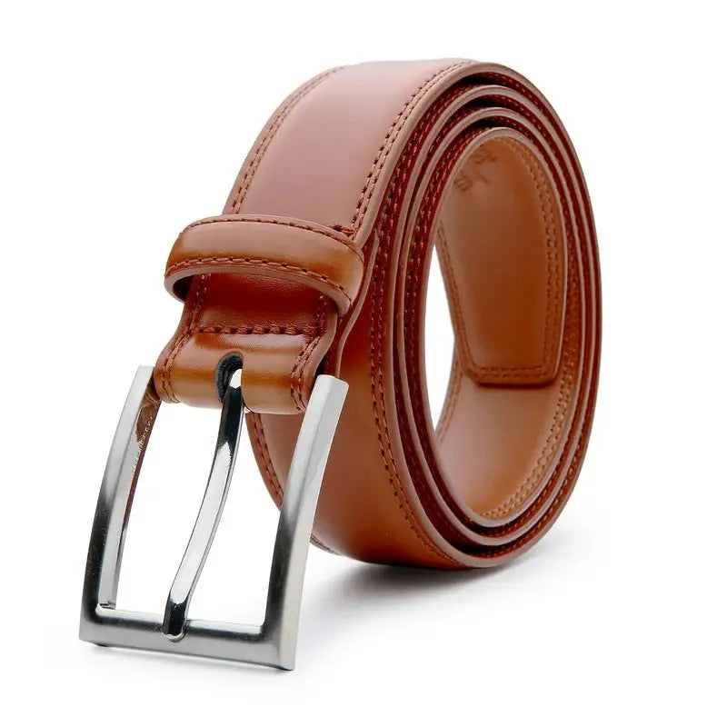 Men's genuine leather belt with alloy buckle in 95 grain pattern showing brown, black, and yellow brown colour options