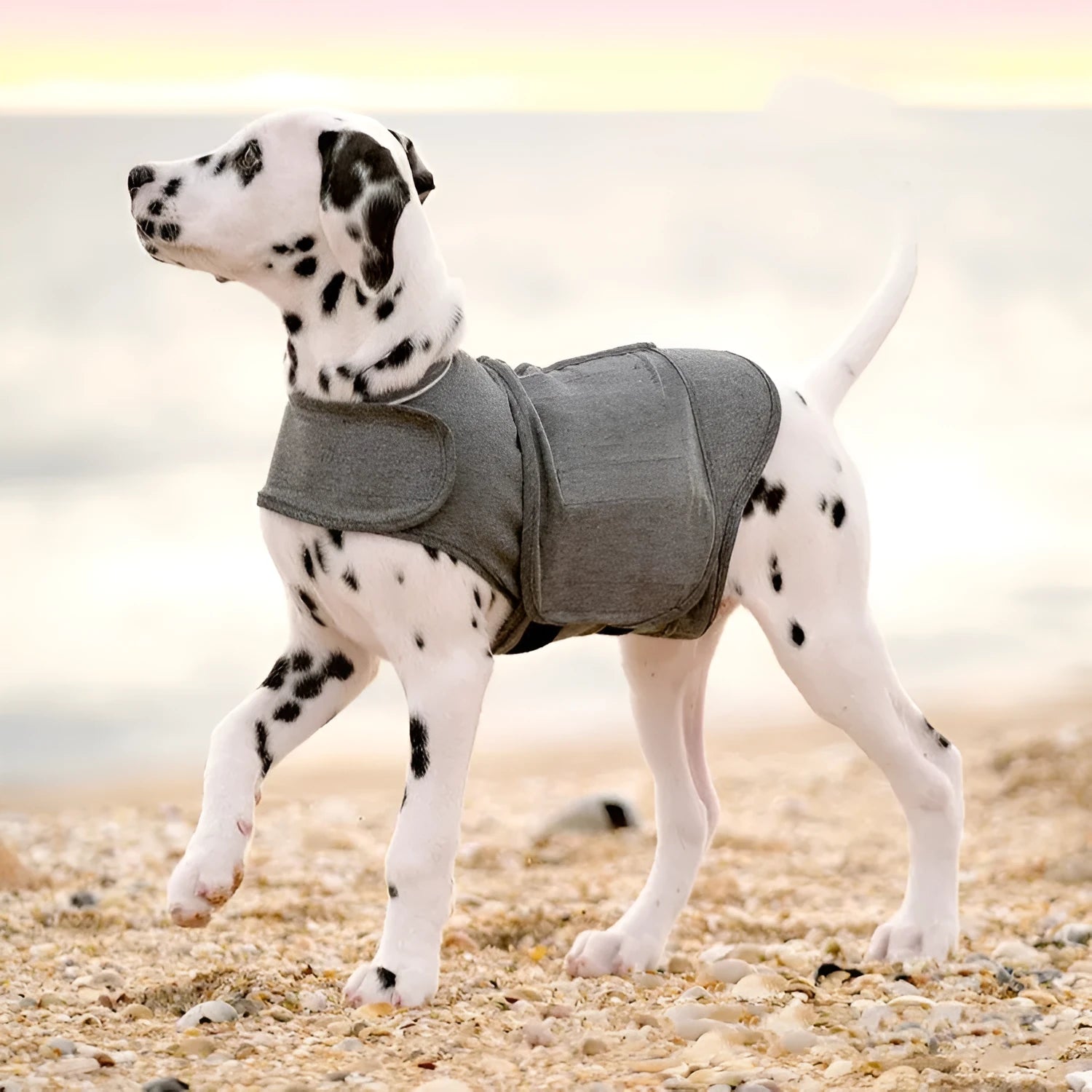 Heather grey brocade cotton ponte-de-roma dog anxiety jacket warm vest shown on a dog
