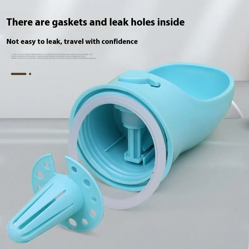 Portable dual-use dog water bottle with split grain cup design in blue, pink, or white colours