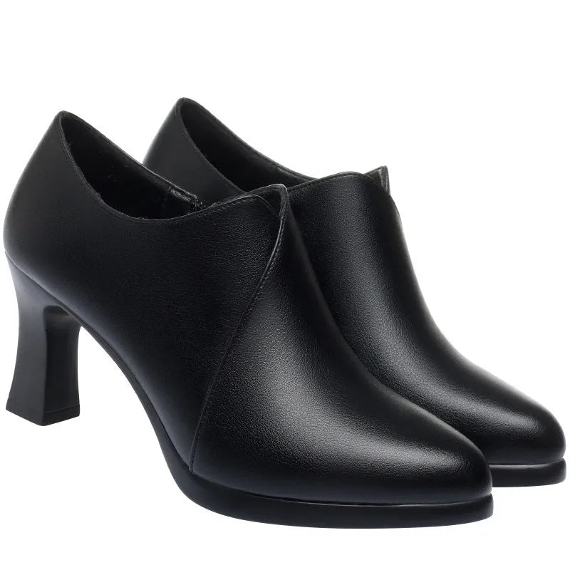 Soft leather PU pumps shoes with deep mouth side zipper and thick heel in black