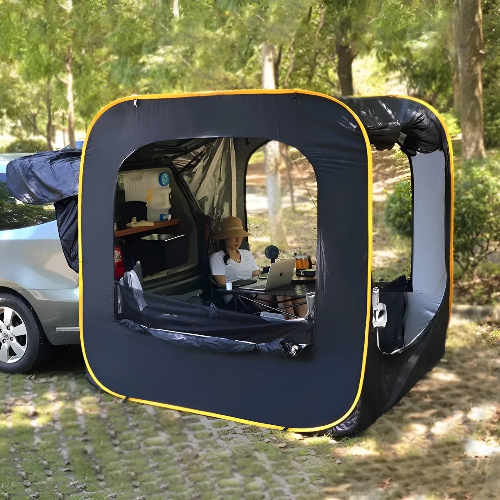 Black pop-up car tail tent unfolded to 200cm cube with quick-throw design and steel jackstays