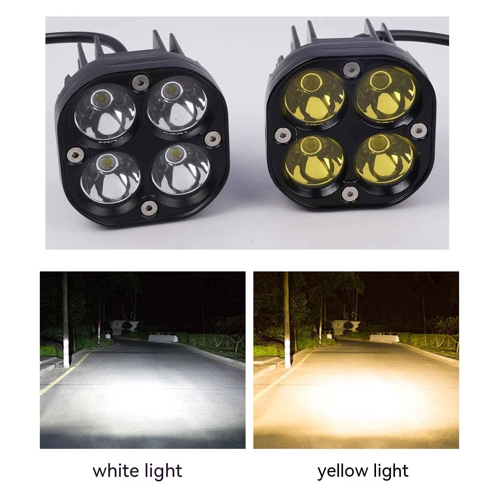 Four-eye automotive headlight with aluminium mounting base, showing four-leaf clover light pattern