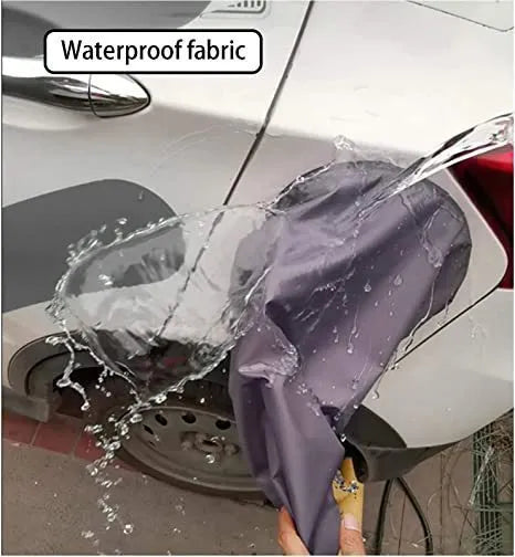 Grey waterproof drawstring cover for electric vehicle charging port.