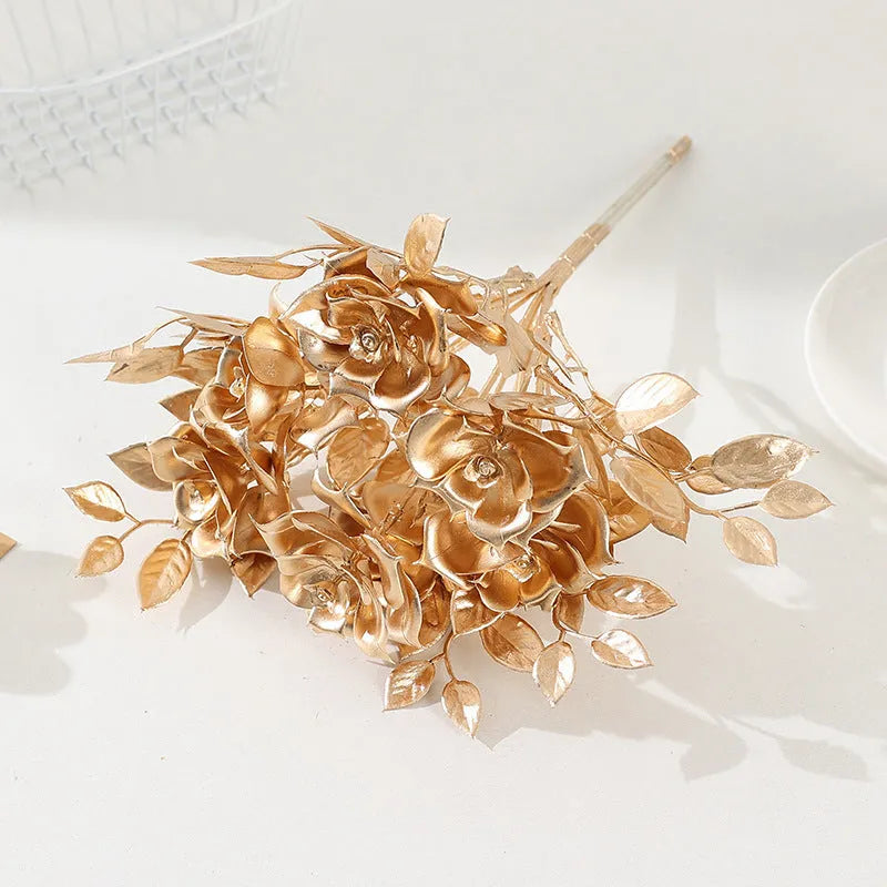 Artificial Persian eucalyptus ginkgo leaf flower arrangement in gold plastic for wedding home decor