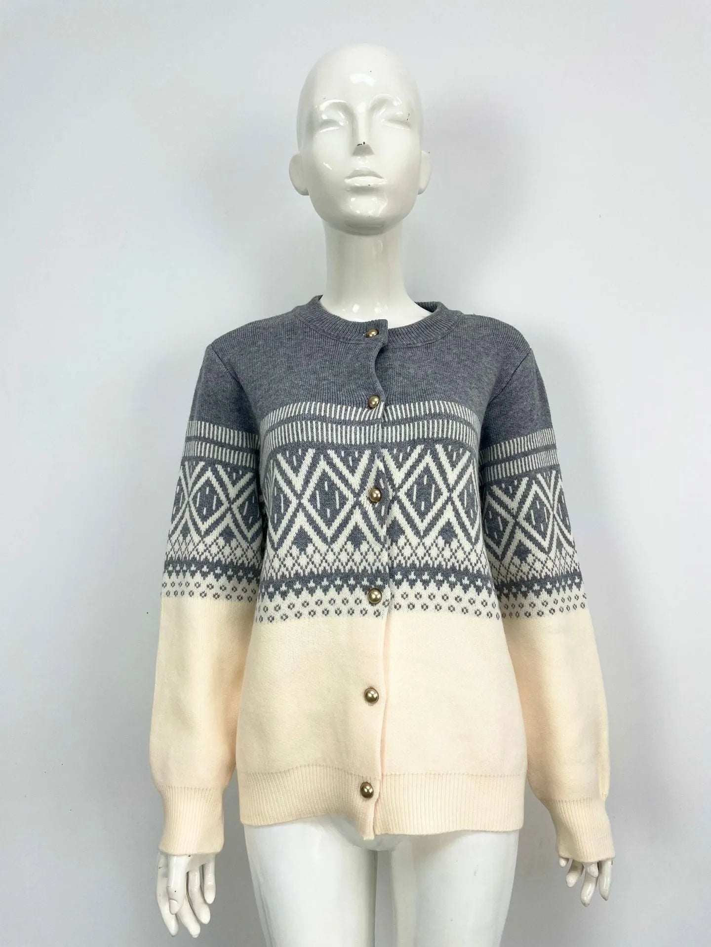Women's grey alpaca wool cardigan with diamond knit colour block pattern and long sleeves