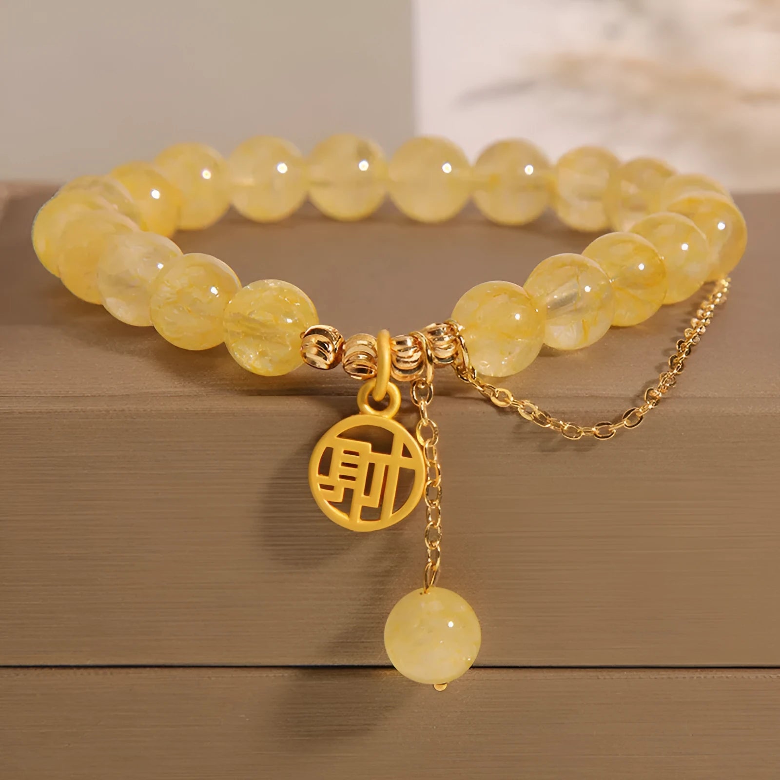 Natural citrine bracelet with Chinese character tassels in electroplated mixed materials
