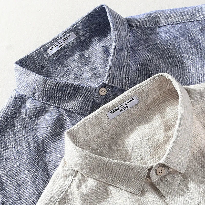 Men's square collar short sleeve linen shirt in cardigan style, shown in raw jute colour.
