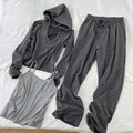 Women's gray casual sports suit with princess sleeves top, shorts, and vest, available in sizes L to 4XL