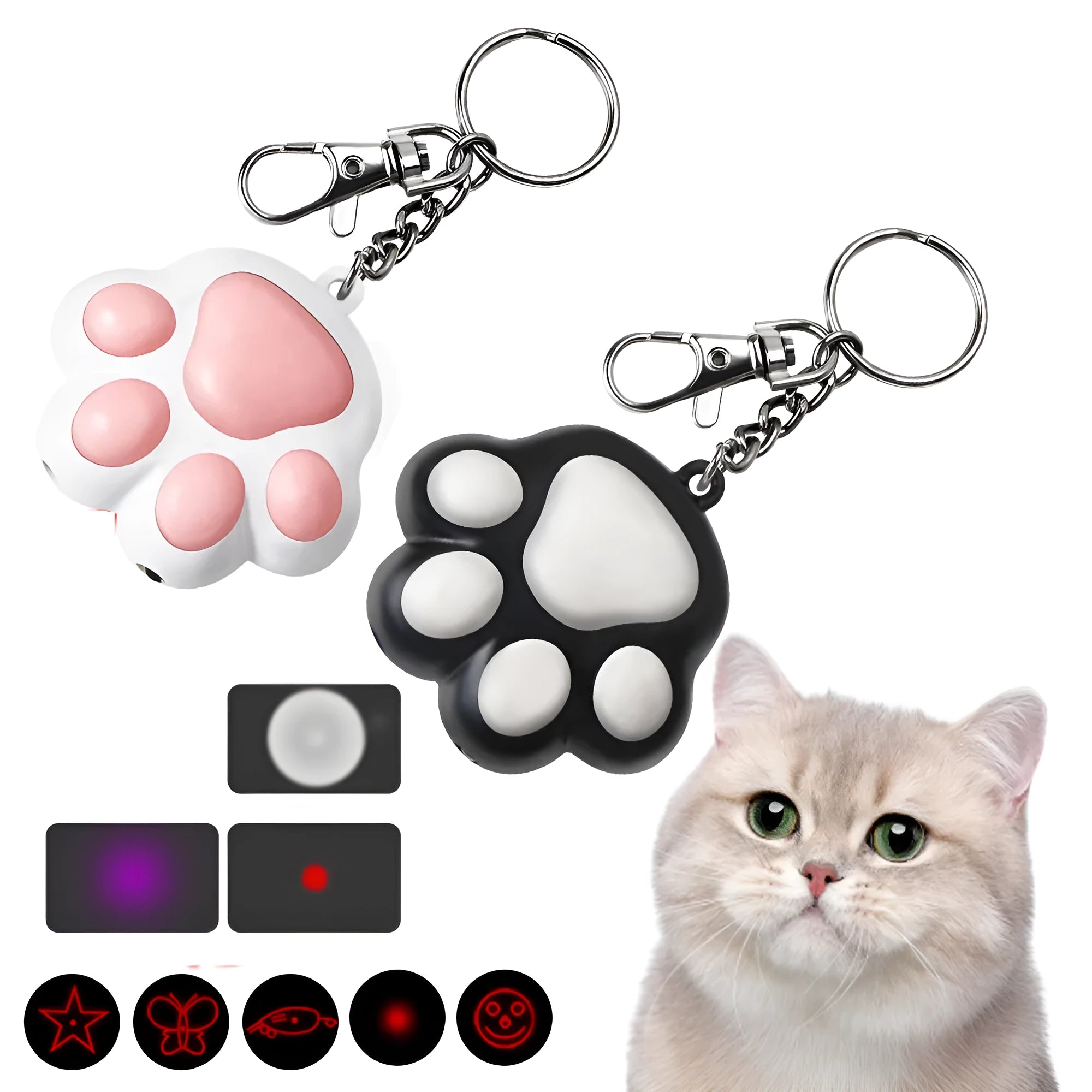 Pink and black USB-rechargeable infrared cat teaser toy with keychain loop.