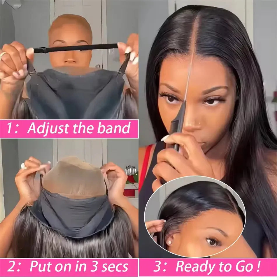 Long straight glueless human hair wig with lace front and side bangs, shown in various lengths.