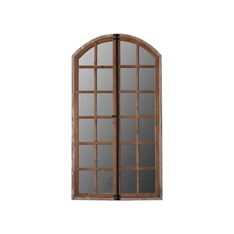 Terrace distressed wooden fake window wall mirror with log-coloured frame