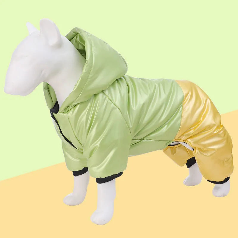 Green waterproof cotton dog coat on a dog, showing four-legged design.