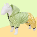 Green waterproof cotton dog coat on a dog, showing four-legged design.