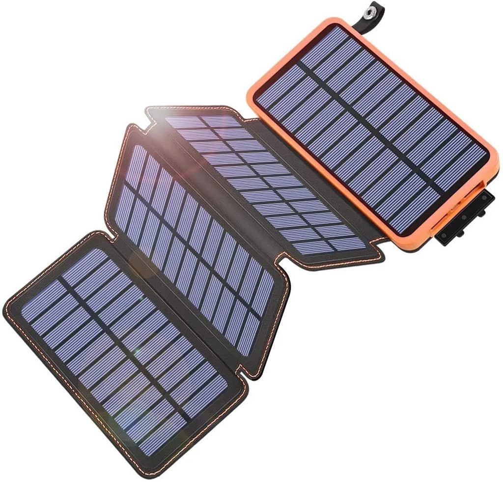 Black outdoor solar phone charger with leather exterior, solar panel, and LED light.
