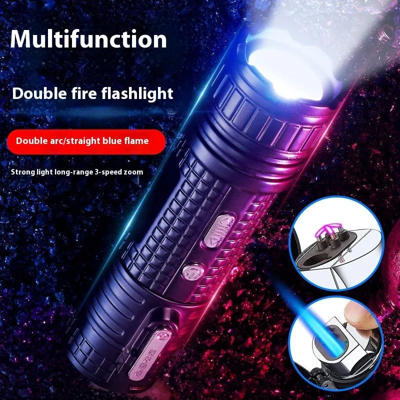 TH727 multi-function waterproof metal flashlight lighter in camouflage, red, black, blue, and yellow colour options.