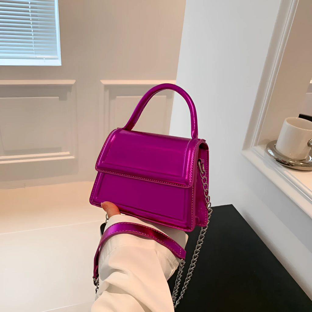 Retro square-shaped PU crossbody bag in a choice of six colours on a model.