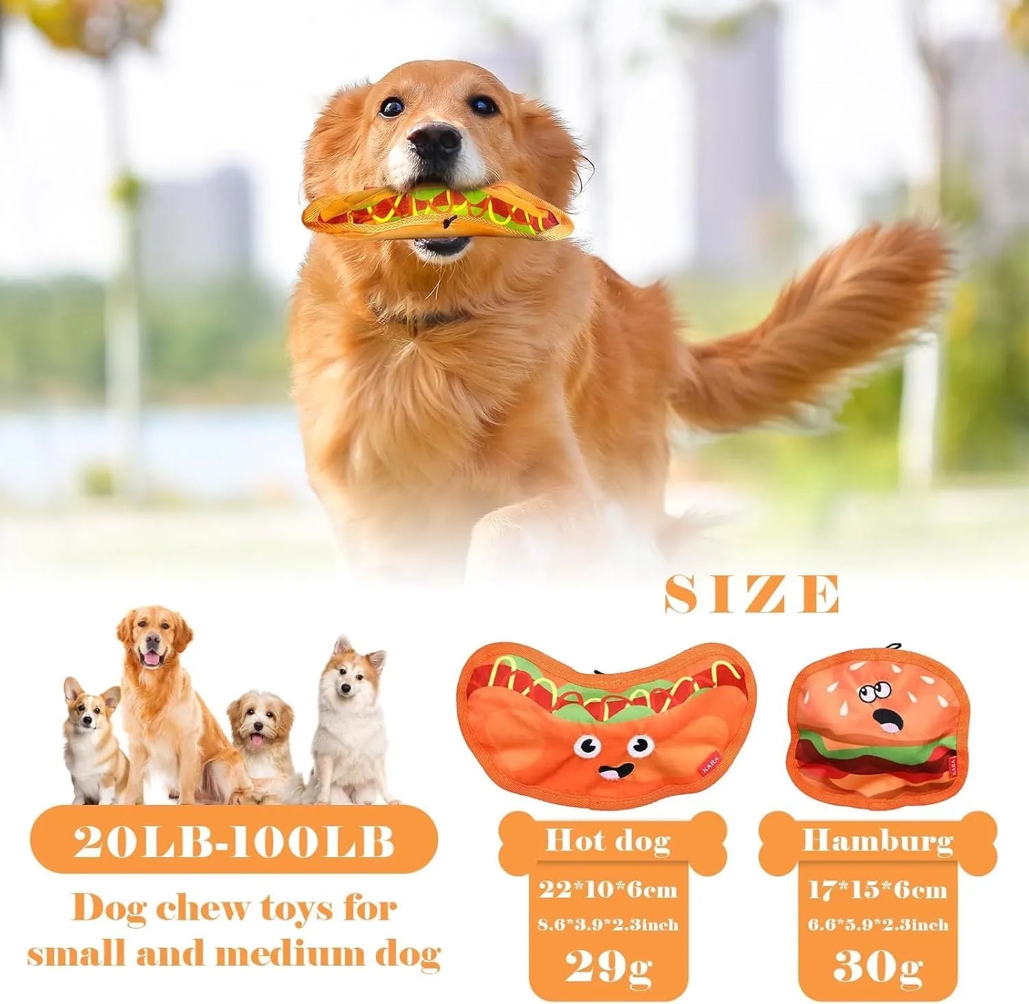 Four colourful dog toys shaped like hamburger, fries, hot dog and pizza with crinkle and squeak features