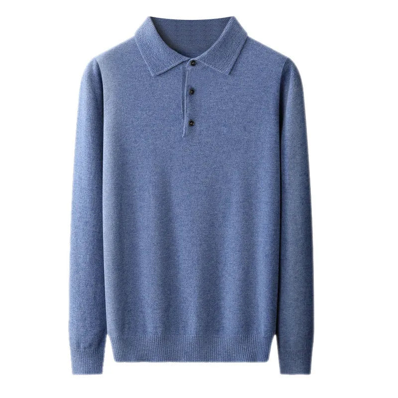 Men's grey woolen pullover sweater with a polo collar and long sleeves laid flat.