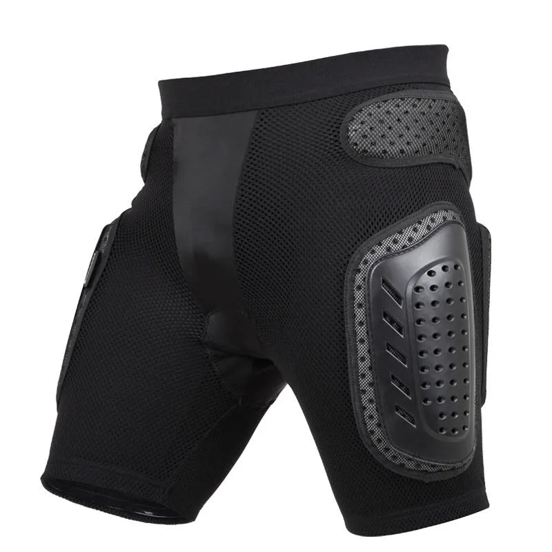 Black cycling hip protection pants with adjustable waistband and side-release buckle.