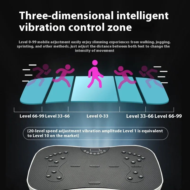 Black and pink vibration plate fitness machine with wireless remote control on a home floor.