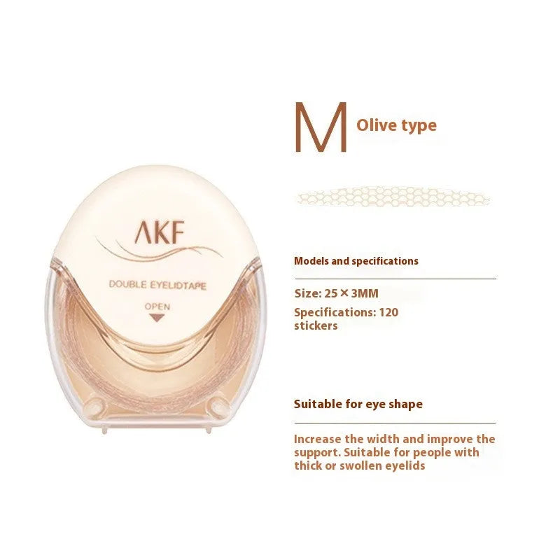 Roll of invisible lace double eyelid stickers in shades Crescent M, Crescent S, and Olive M.