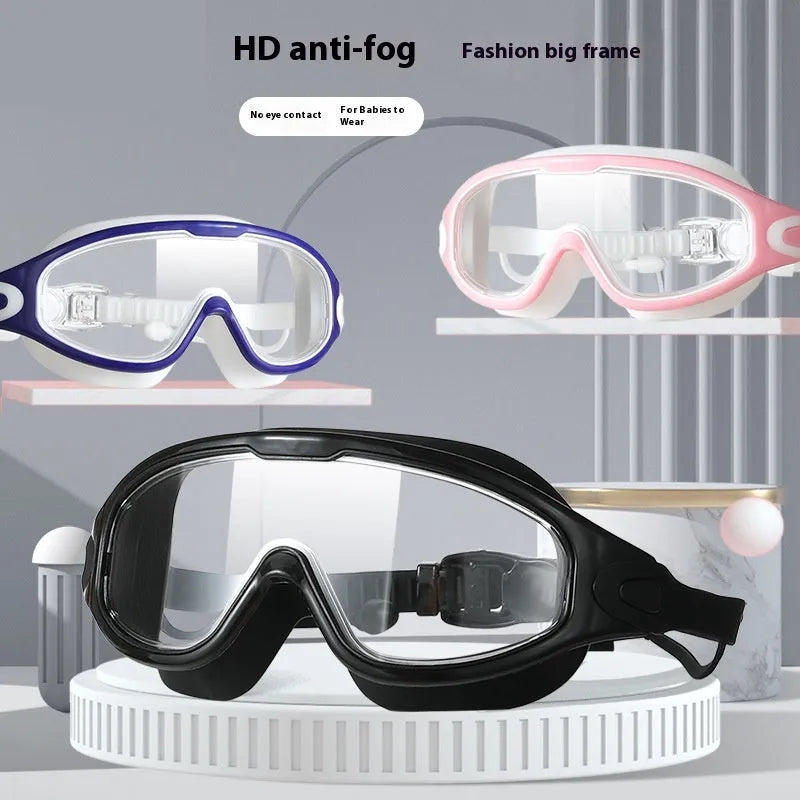 HD waterproof anti-fog plating swimming goggles with plain transparent large frame for adults