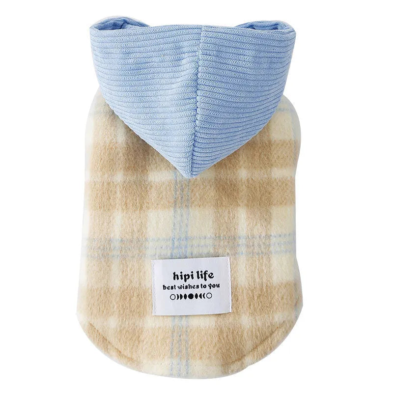 Blue corduroy dog hooded vest with chessboard grid pattern and traction hood design