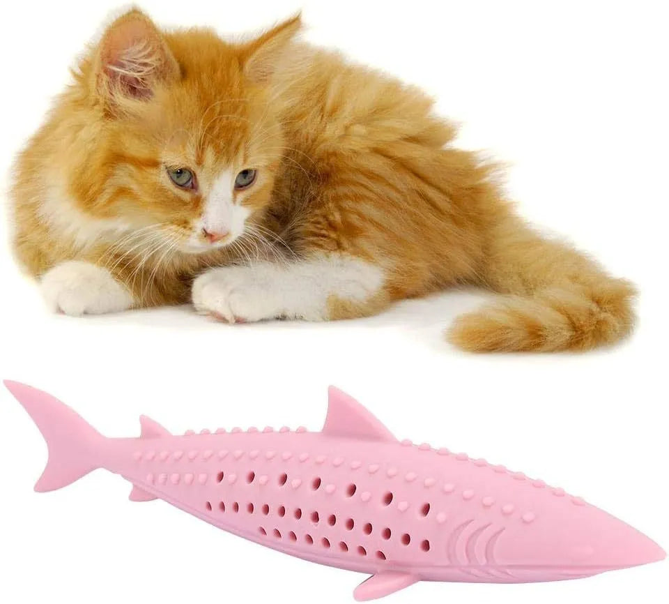 Silicone fish-shaped cat chew toy with side holes for catnip scent release in green colour