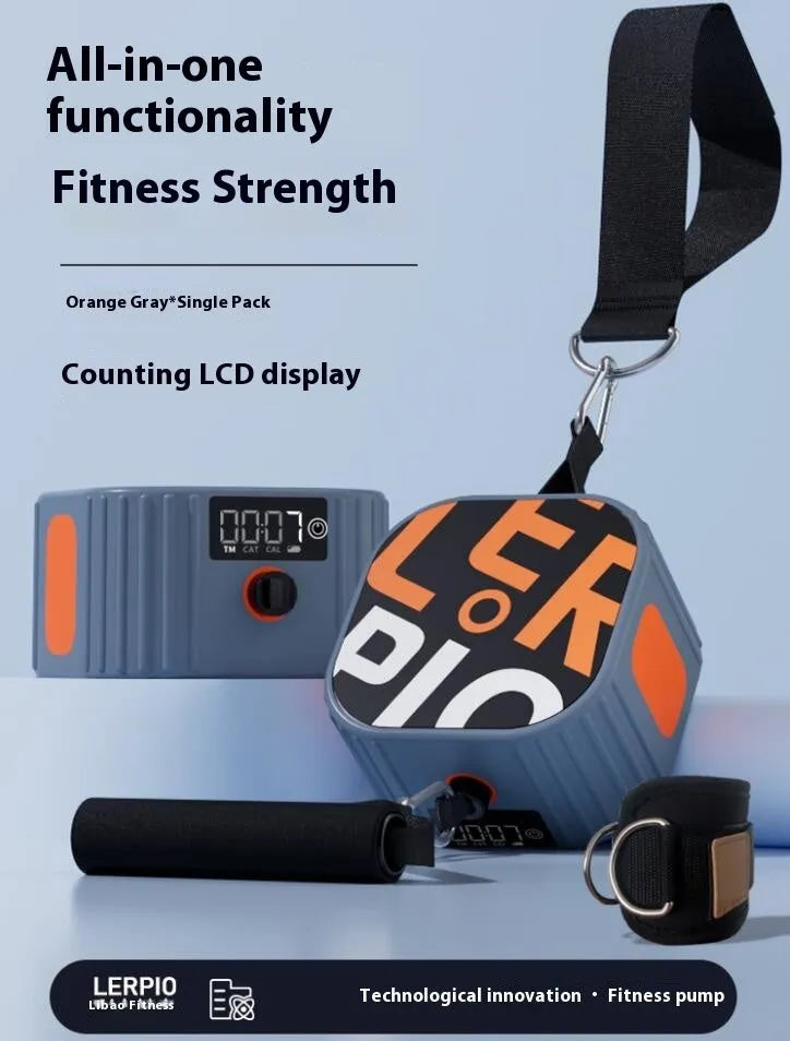 Multi-functional fitness strength resistance training tensioner with intelligent adjustment dial showing 2-20kg range