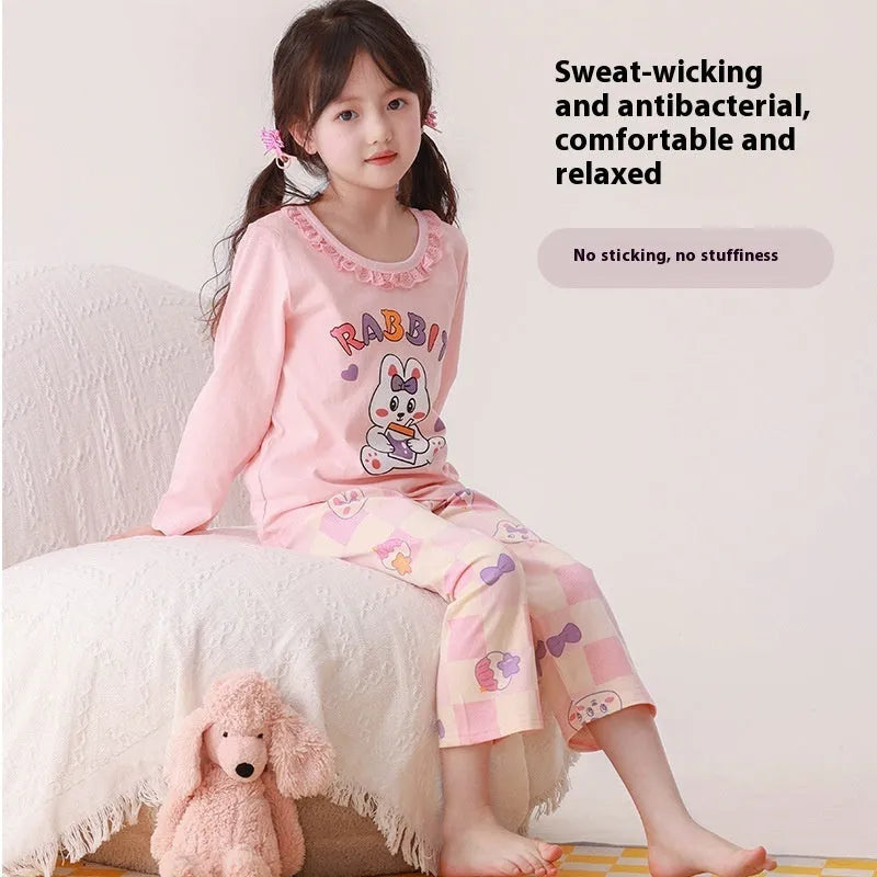 Girls cotton pyjama set with pink cartoon rabbit print, summer homewear, suitable for height 110-170cm