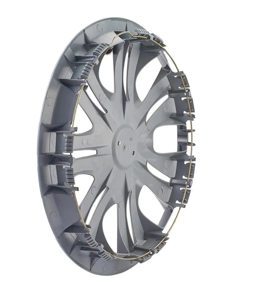 Universal monochrome ABS plastic wheel hub cover in silver finish, shown next to a black version.