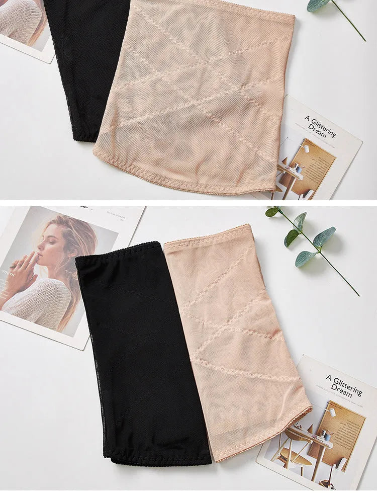 Black mesh belly band body sculpting strap for waist trimming and tummy slimming.