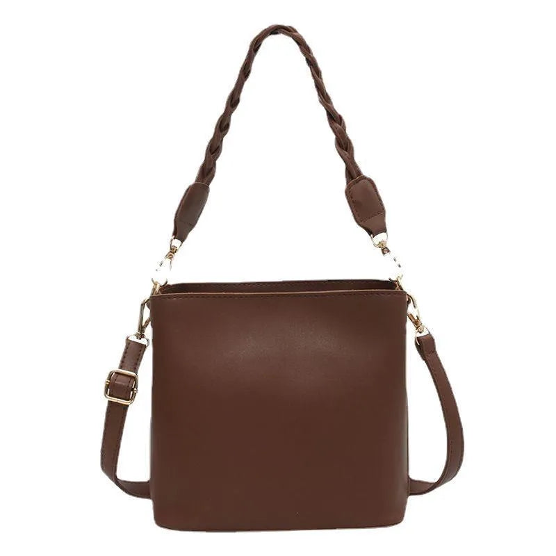Retro style one-shoulder crossbody bucket bag in PU leather with woven texture in khaki colour