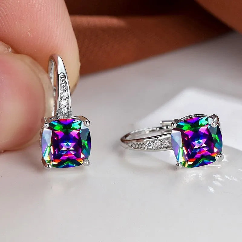Square zircon inlaid geometric ear hook earrings in a golden white finish, showing Korean style design.
