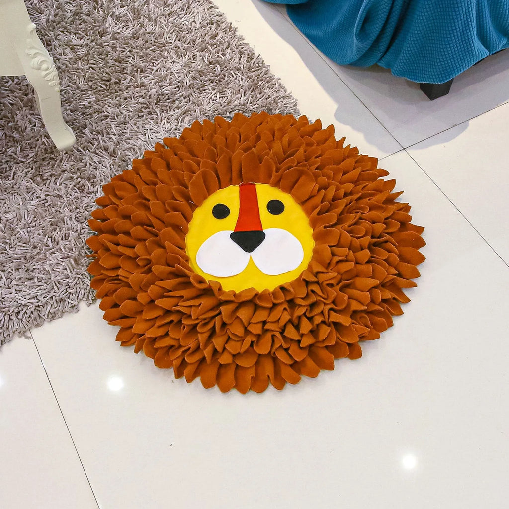 Brown lion-pattern snuffle mat for dogs and cats on a floor, showing plush hiding sections.
