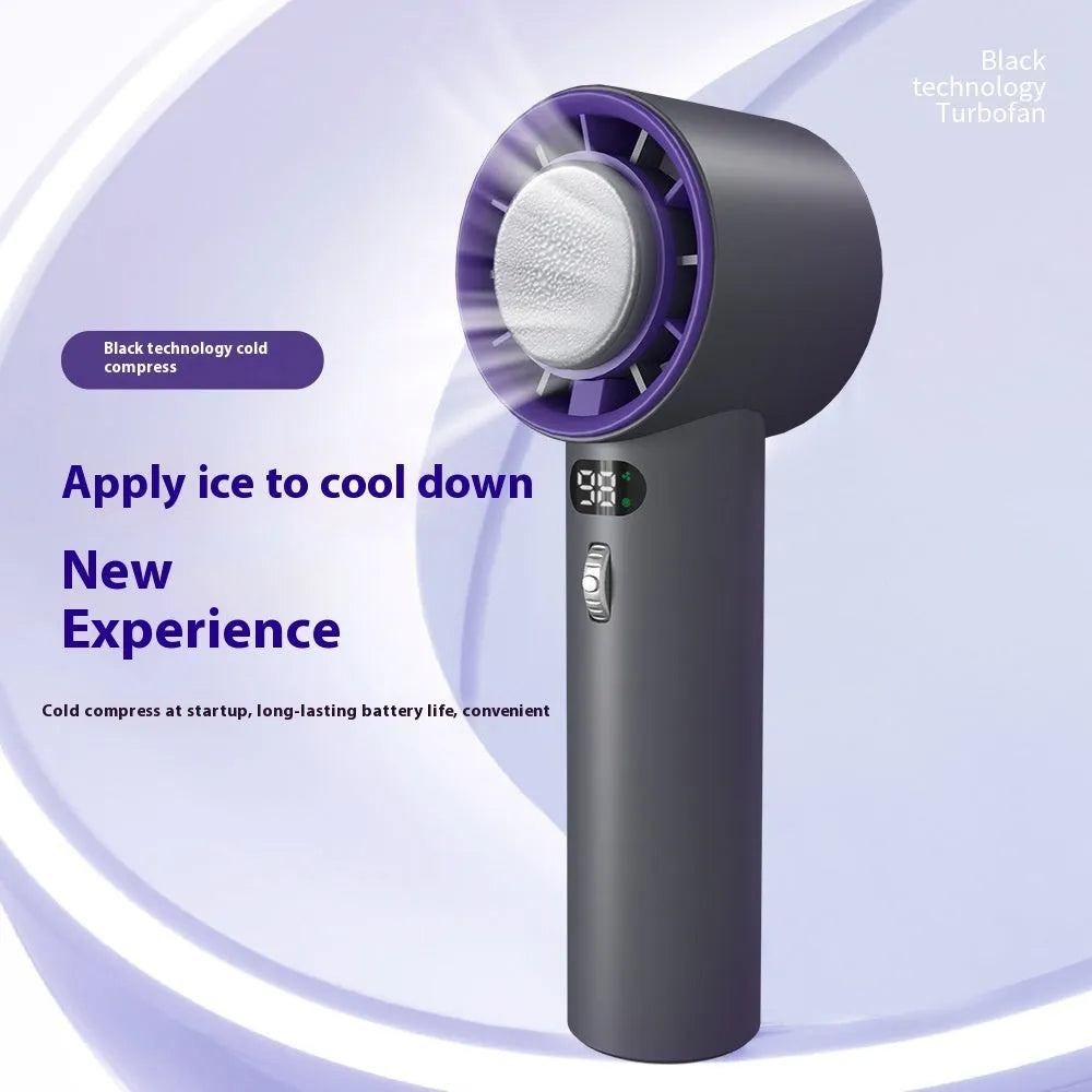 Portable handheld turbo fan with semiconductor refrigeration, 3000mAh battery, adjustable wind speeds, 58x60.5x170mm, white colour option