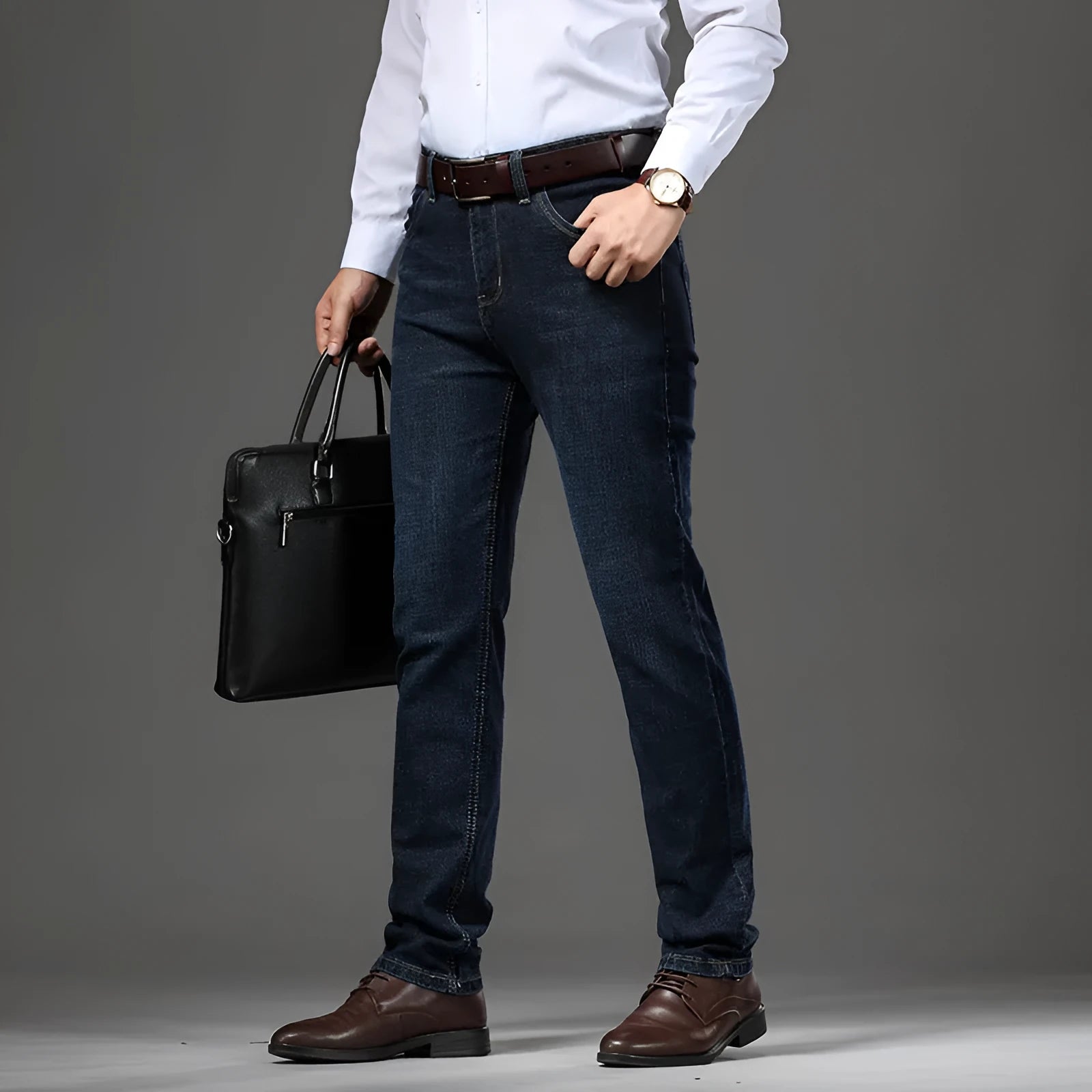 Women's straight-leg stretch jeans in mid-waist style with zip fly, available in black and blue