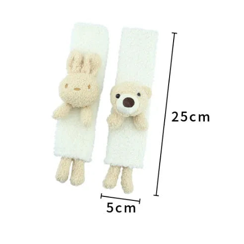 Cartoon plush car seatbelt shoulder protector in lamb wool, showing bear and rabbit design options.
