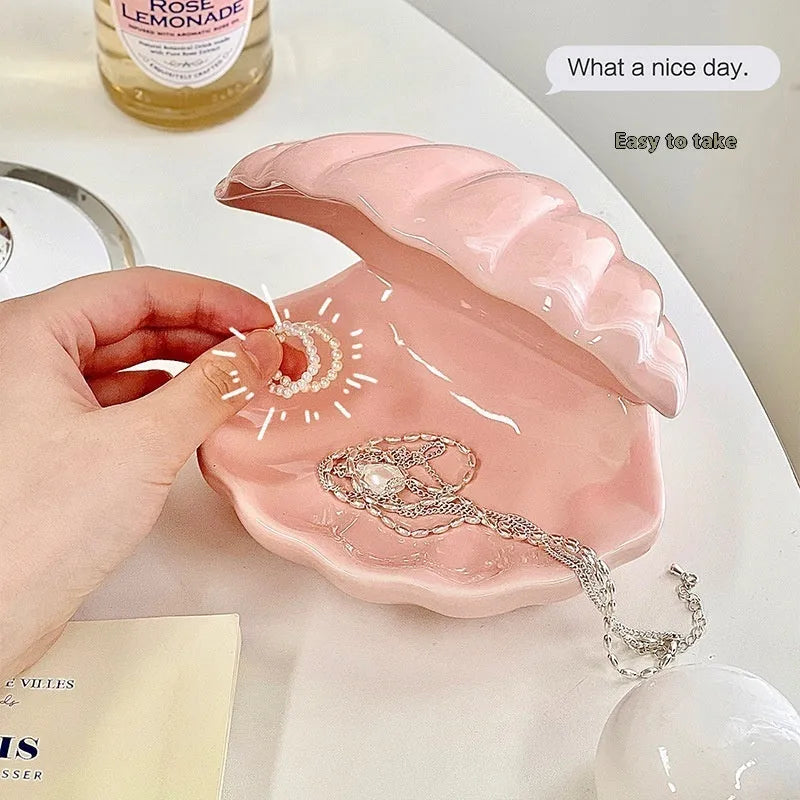 White porcelain tray with optional small night lamp in yellow colour with pink shell