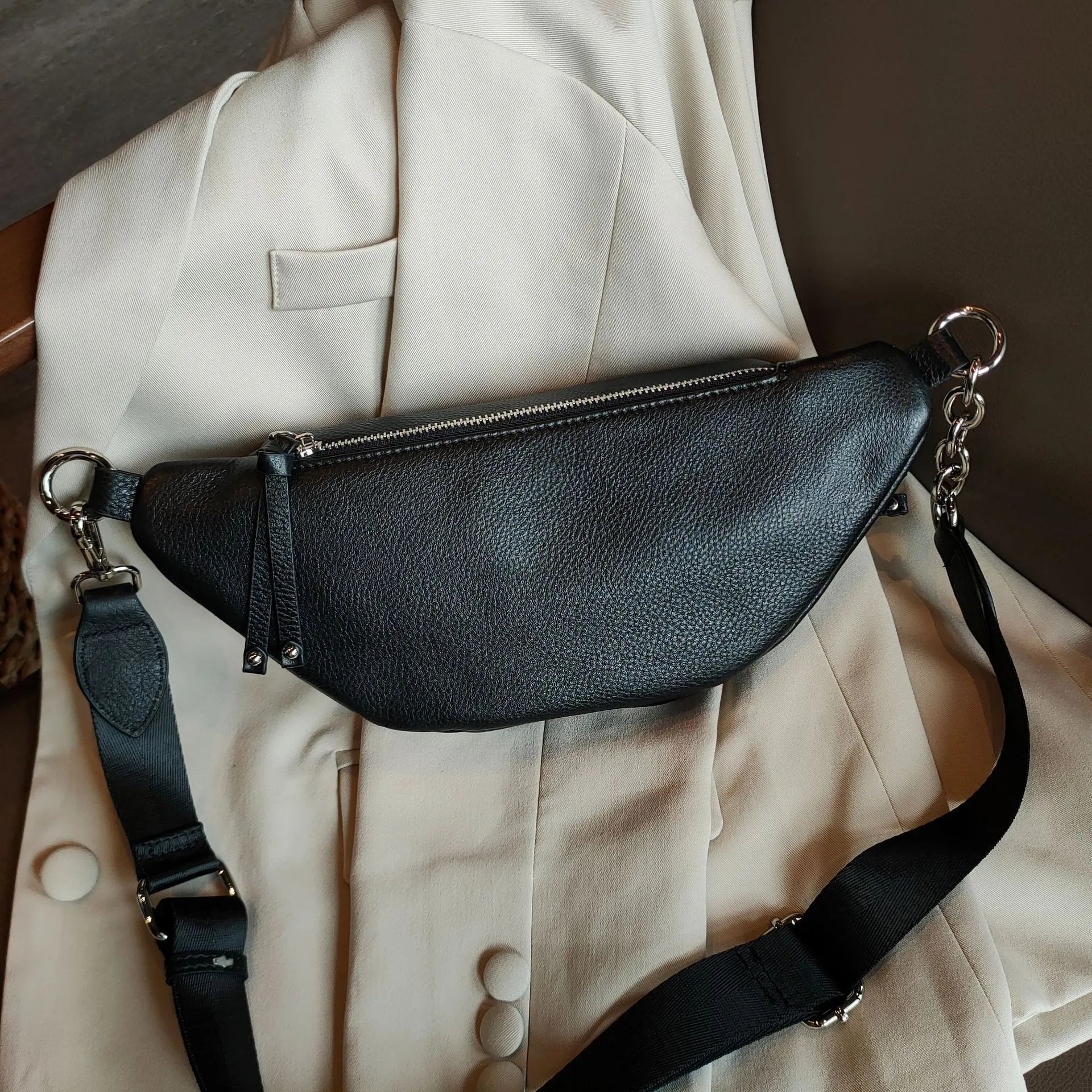 Genuine leather dumpling chest bag crossbody style black blue white colour options