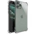 Clear transparent shockproof phone case for Apple iPhone models showing TPU material