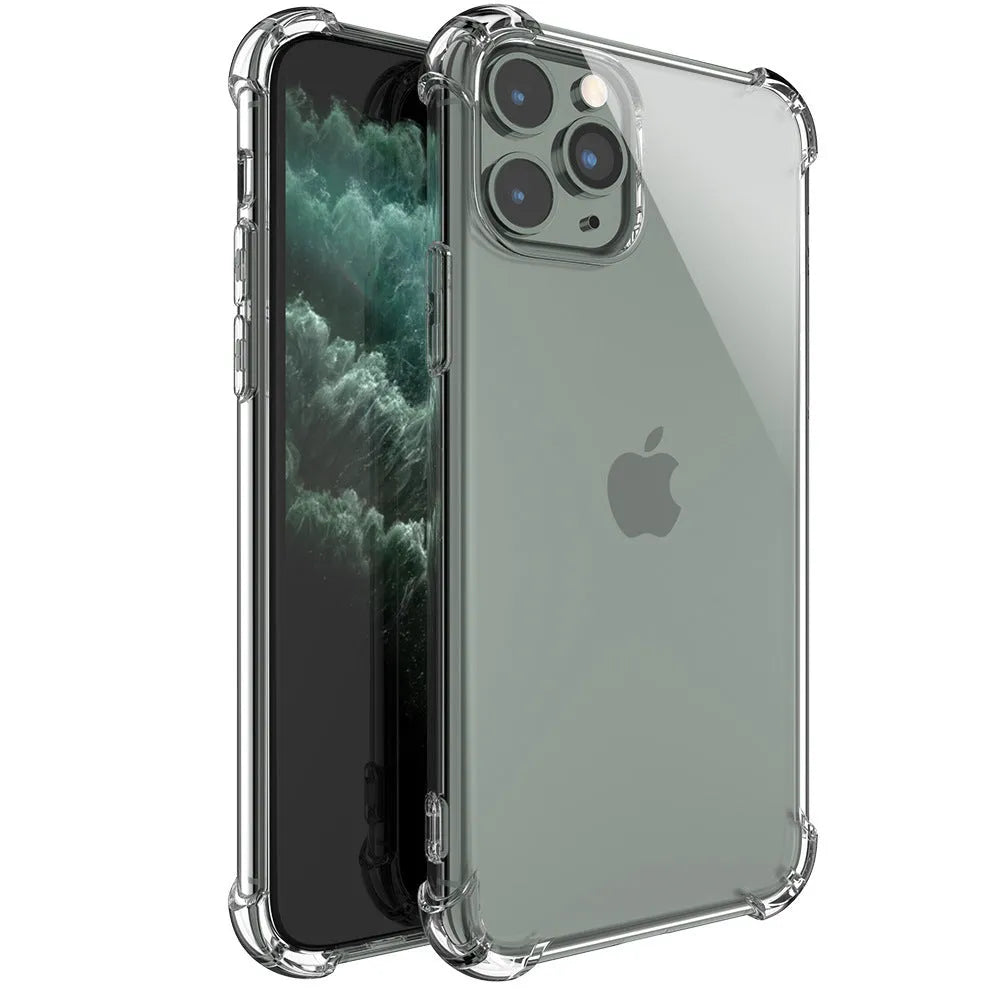 Clear transparent shockproof phone case for Apple iPhone models showing TPU material